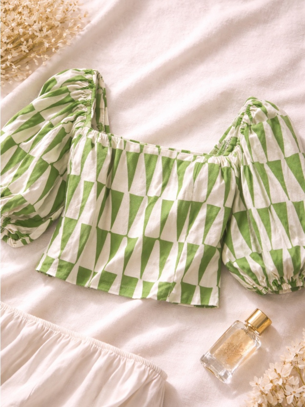 Maison d'Amé Geometric Green Puff Sleeve Crop Top